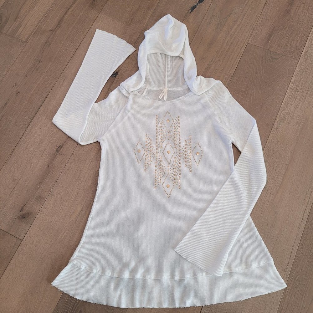 EUC Roper Shirt Women's Lg White Waffle Long Sleeve Hoodie w/Gold Accents Shirt